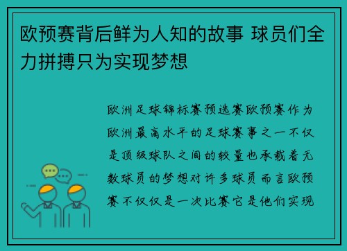 欧预赛背后鲜为人知的故事 球员们全力拼搏只为实现梦想